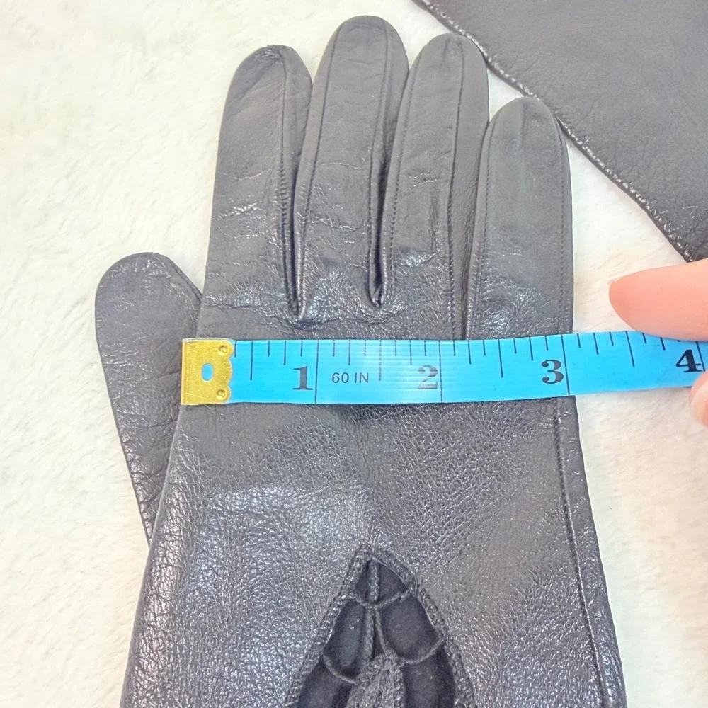 Vintage Black Leather Gloves Floral Lace Cutout Mid Length Formal Evening Womens